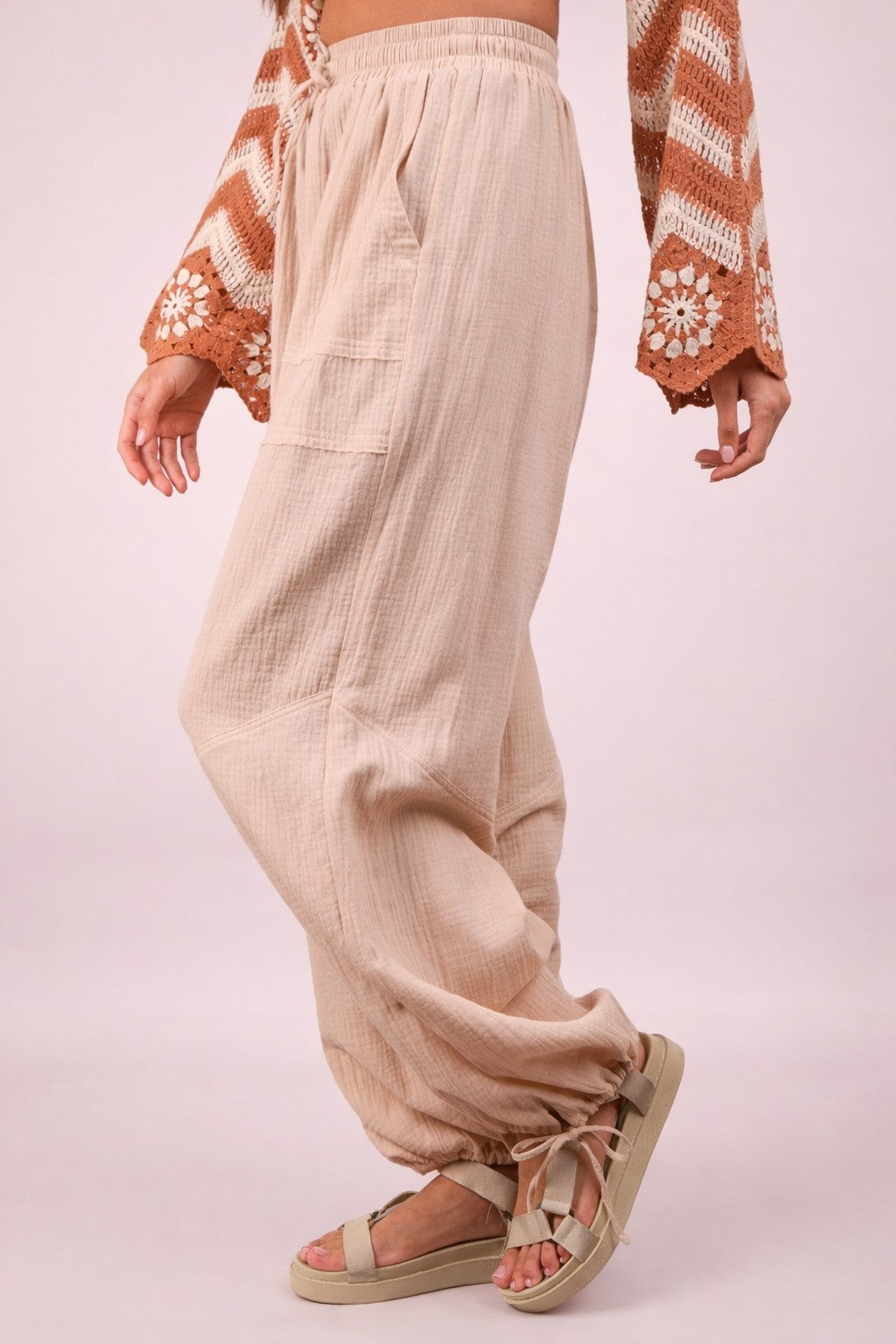 Natural Gauze Cinched Hem Pants