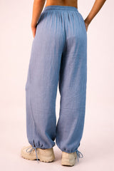 Blue Gauze Cinched Hem Pants
