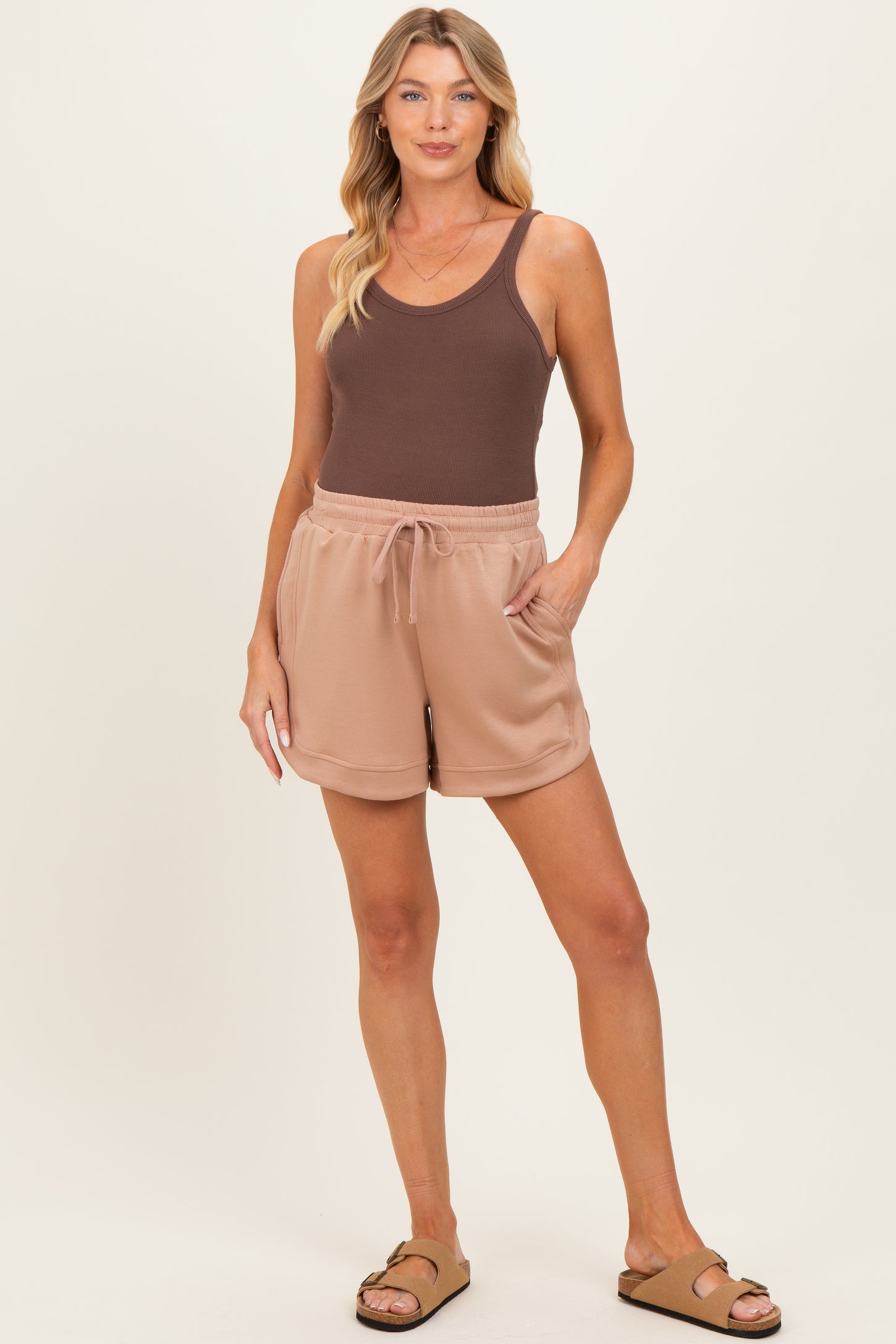 Light Taupe Drawstring Relaxed Fit Maternity Shorts