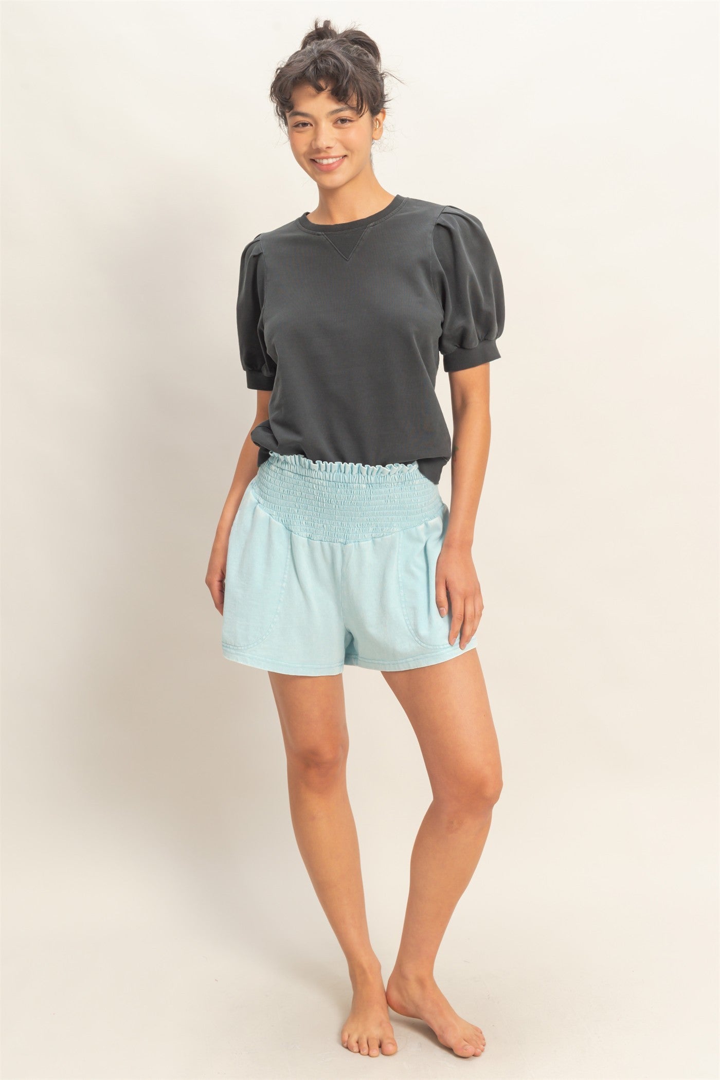 Light Blue Smocked Waist Mineral Wash Shorts