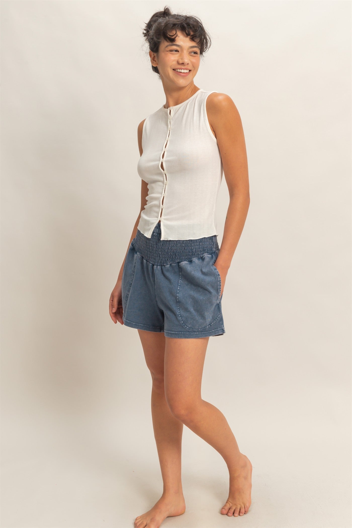 Navy Smocked Waist Mineral Wash Maternity Shorts