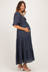 Navy Gingham Puff Sleeve Tiered Maternity Maxi Dress