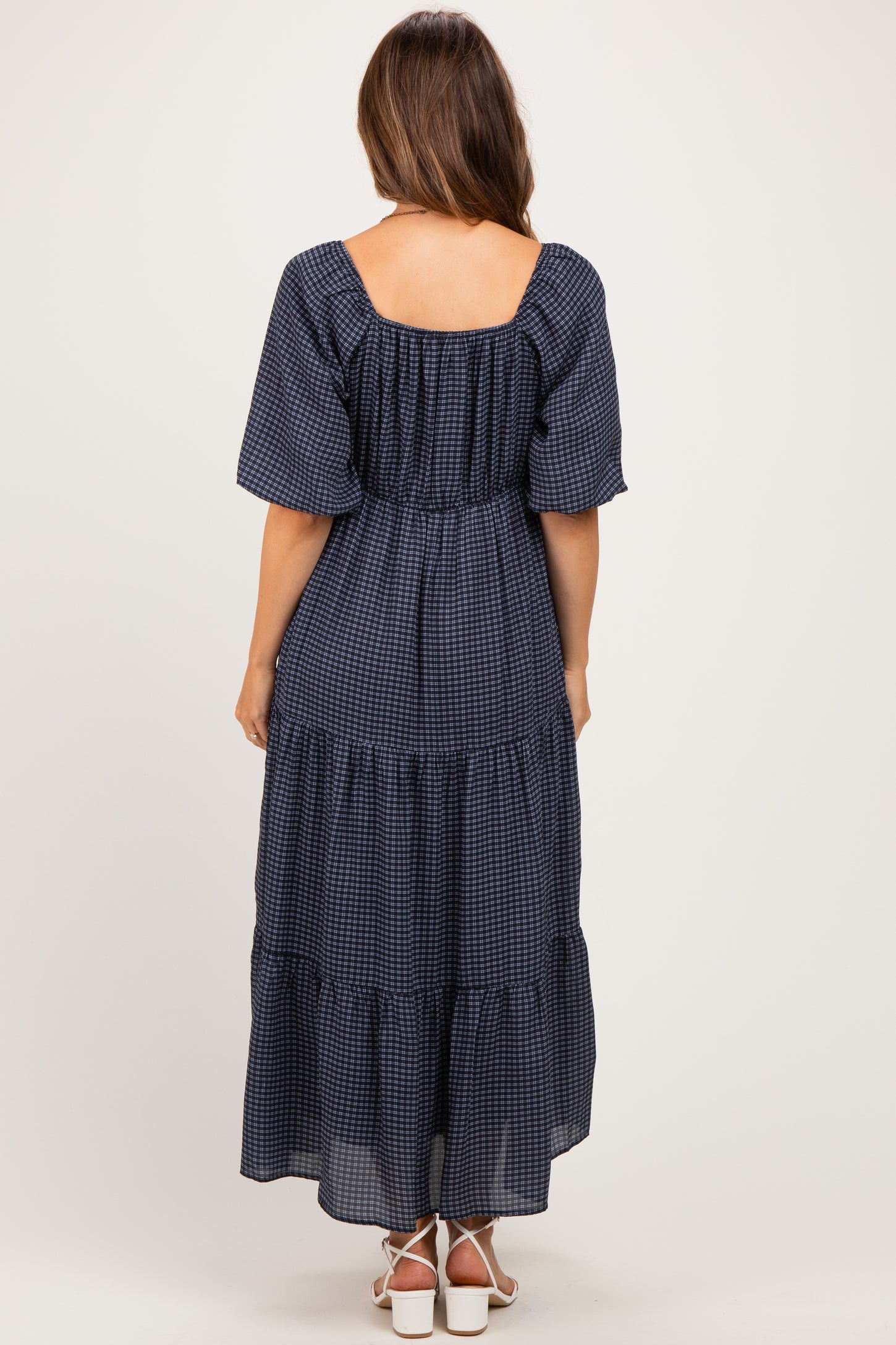 Navy Gingham Puff Sleeve Tiered Maternity Maxi Dress