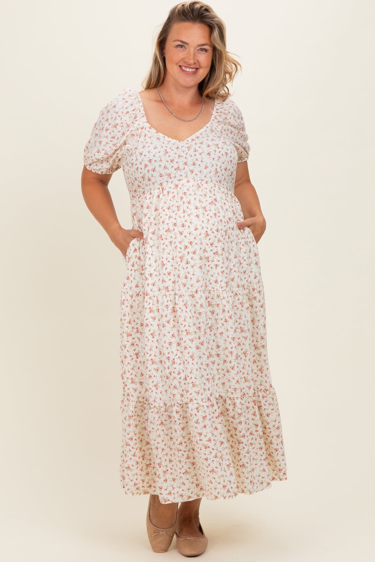 Ivory Floral V-Neck Maternity Plus Maxi Dress