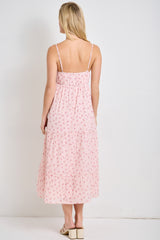 Light Pink Floral Ribbon Detail Midi Dress