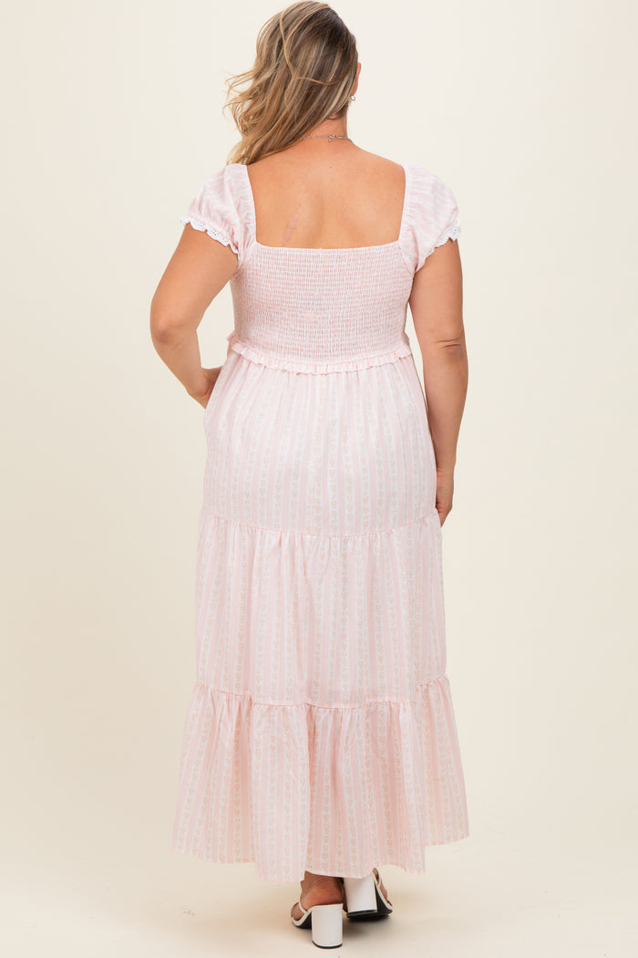 Light Pink Floral Lace Trim Tiered Maternity Plus Maxi Dress
