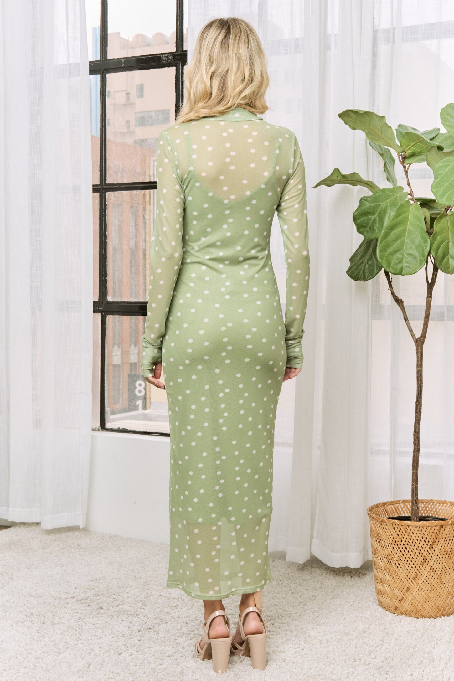Kiwi Polka Dot Mesh Overlay Midi Dress