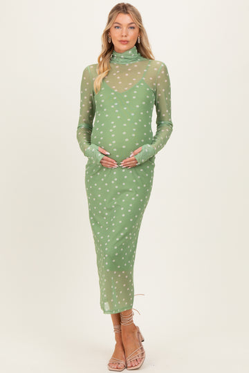 Kiwi Polka Dot Mesh Overlay Maternity Midi Dress