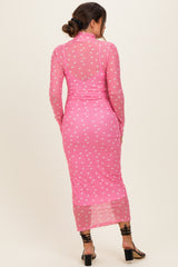 Pink Polka Dot Mesh Overlay Maternity Midi Dress
