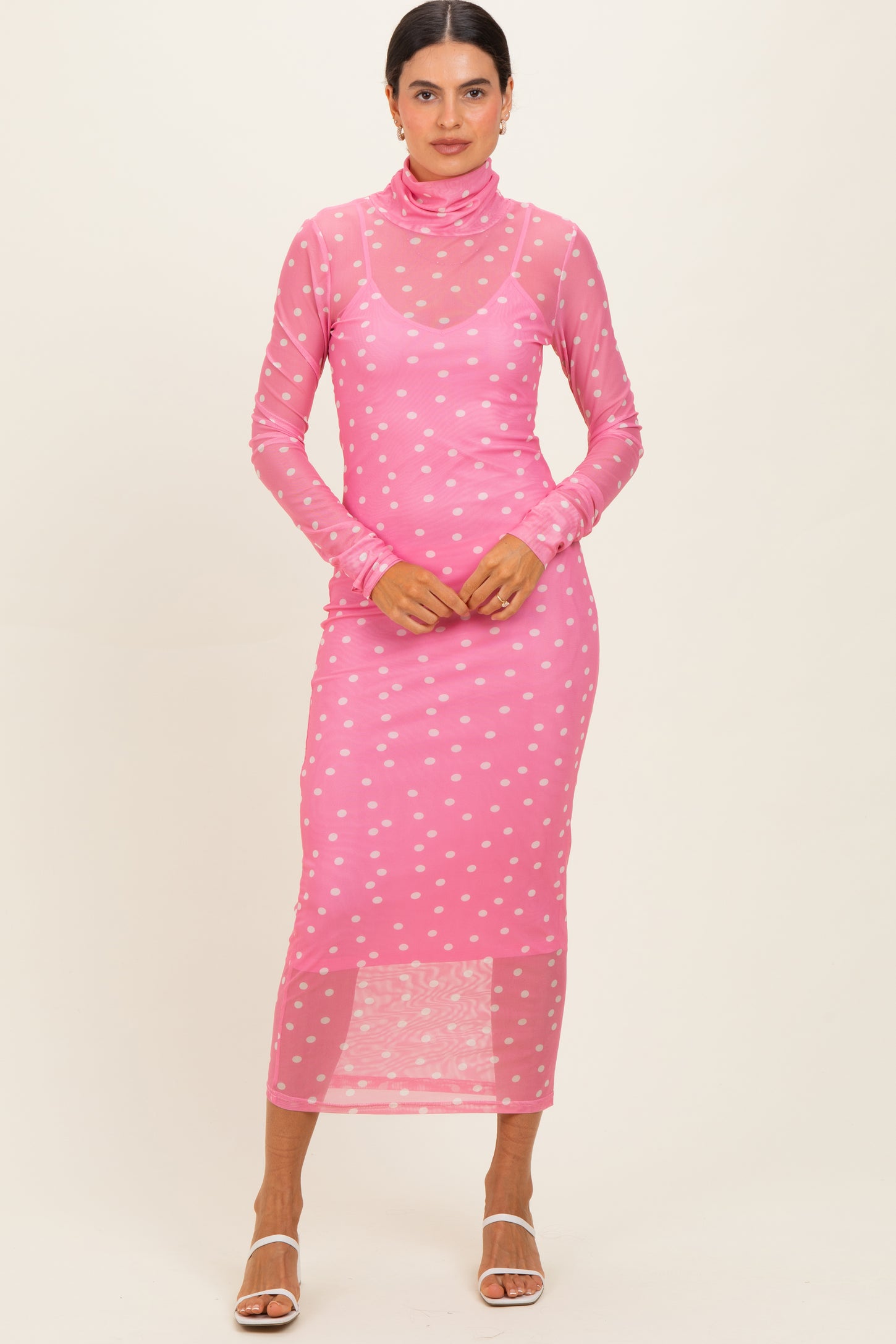 Pink Polka Dot Mesh Overlay Maternity Midi Dress