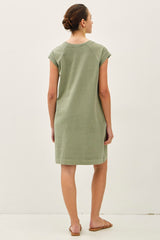 Olive Garment Washed Casual Capped Sleeve Dress