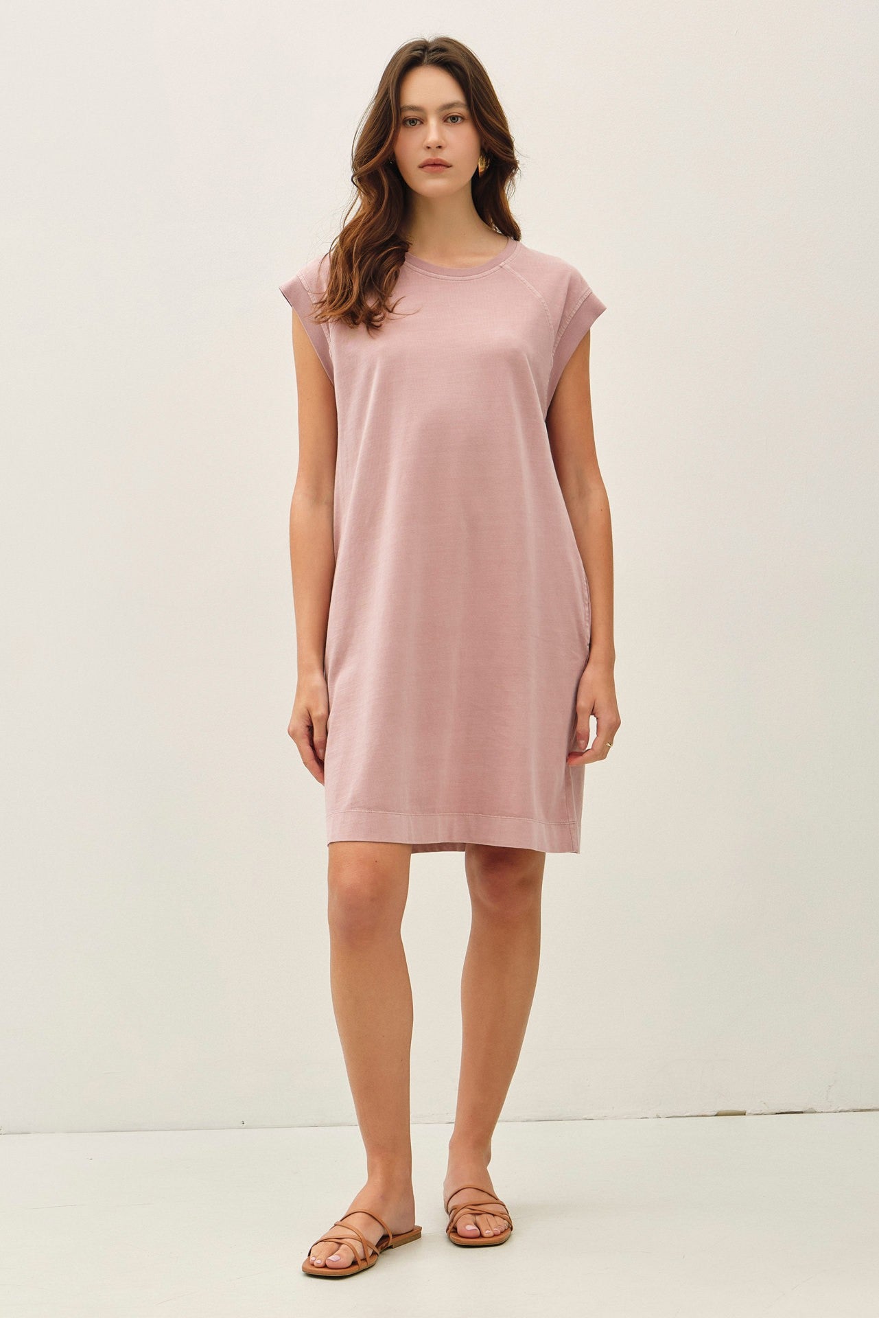 Pink Garment Washed Casual Capped Sleeve Dress