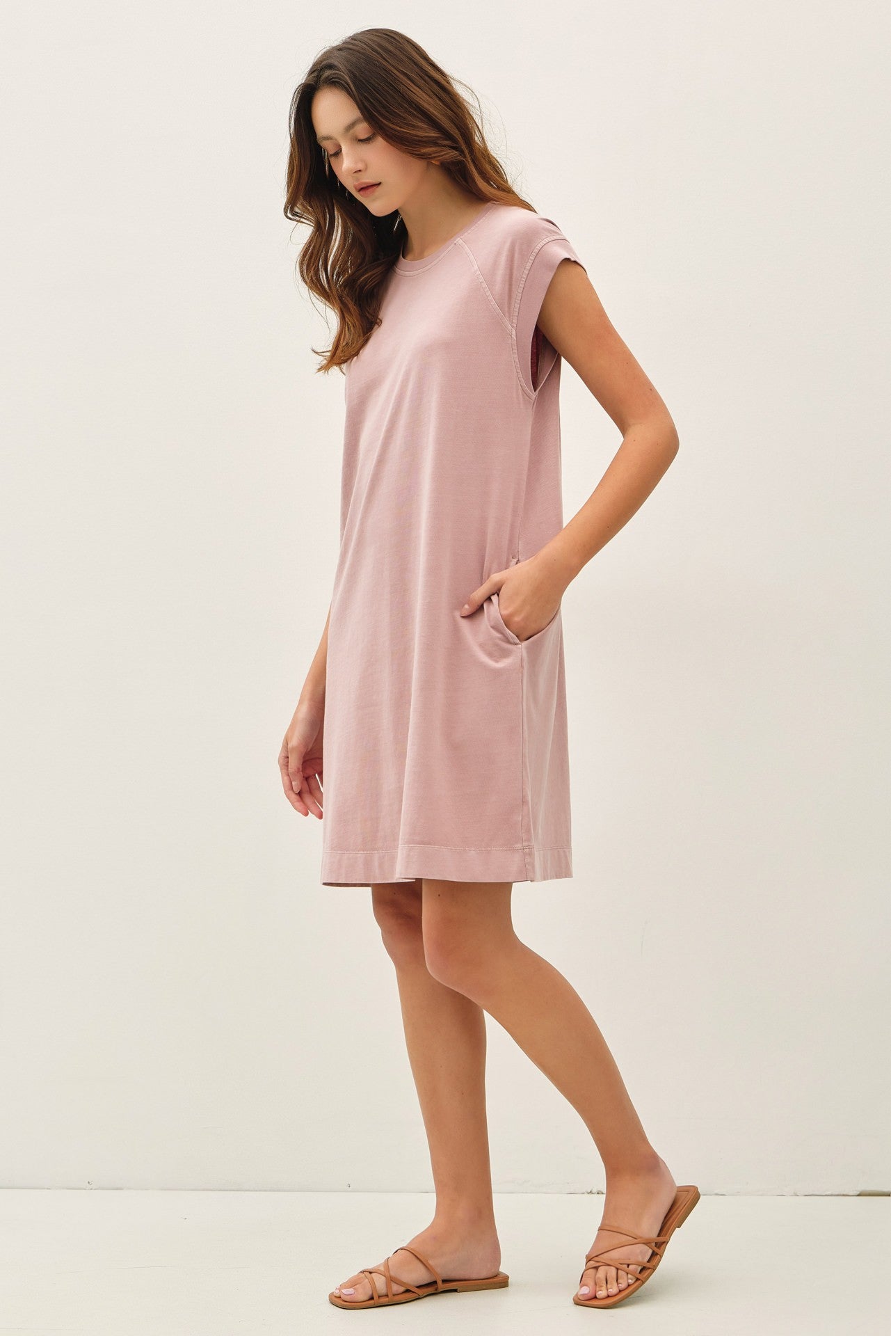 Pink Garment Washed Casual Capped Sleeve Dress