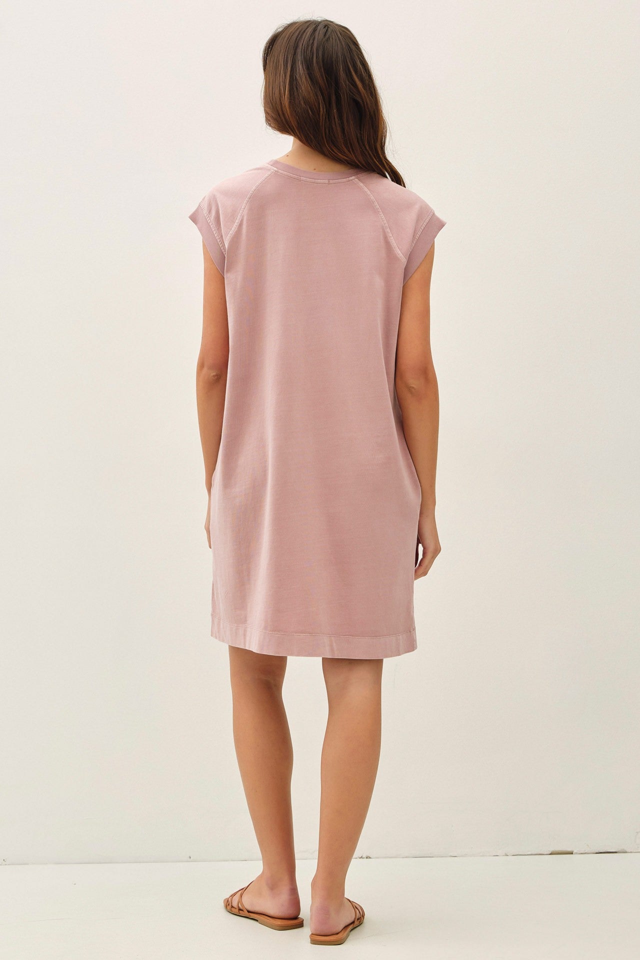 Pink Garment Washed Casual Capped Sleeve Dress