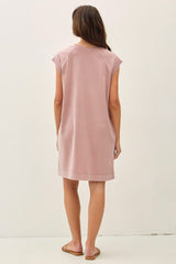 Pink Garment Washed Casual Capped Sleeve Dress