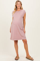 Pink Garment Washed Casual Capped Sleeve Maternity Dress