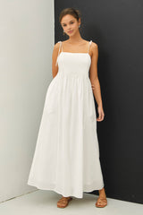 White Cotton Pintuck Tie Strap Maxi Dress