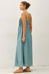 Teal Cotton Pintuck Tie Strap Maxi Dress