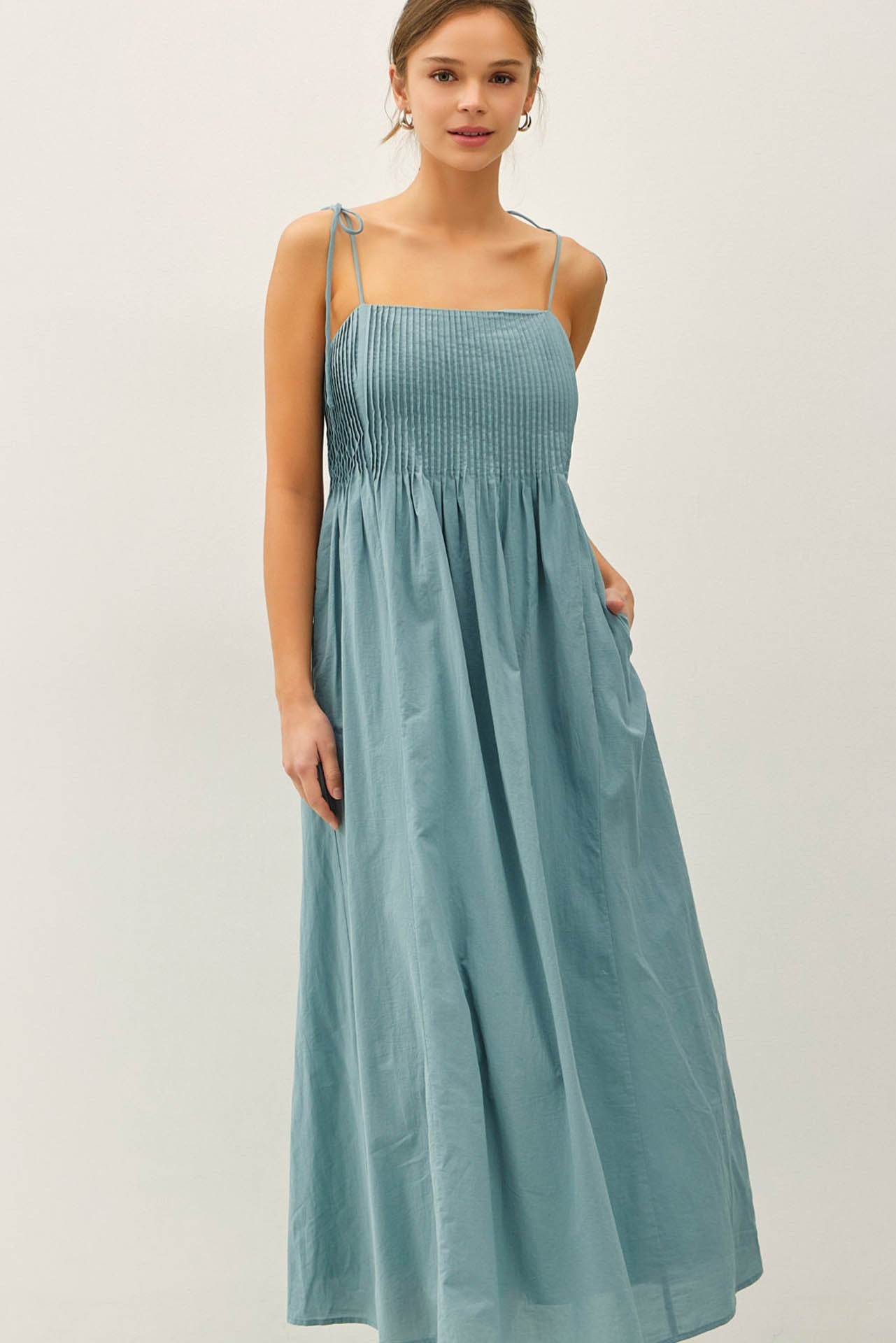 Teal Cotton Pintuck Tie Strap Maxi Dress