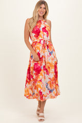 Coral Floral Pleated Maternity Midi Dress
