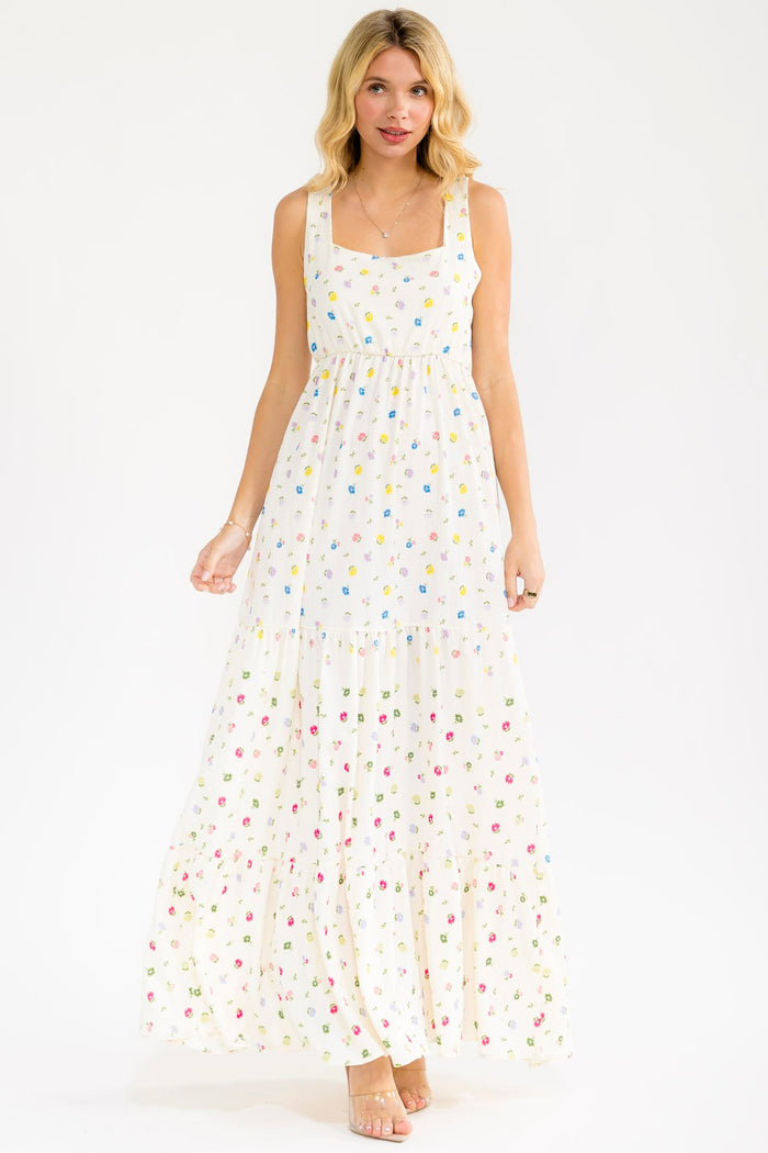 Ivory Floral Tiered Shoulder Tie Maternity Maxi Dress