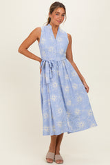 Light Blue Embroidered Sleeveless Maternity Midi Shirt Dress