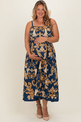 Dark Teal Damask Sleeveless Maternity Plus Maxi Dress