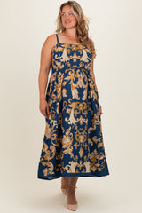 Dark Teal Damask Sleeveless Maternity Plus Maxi Dress