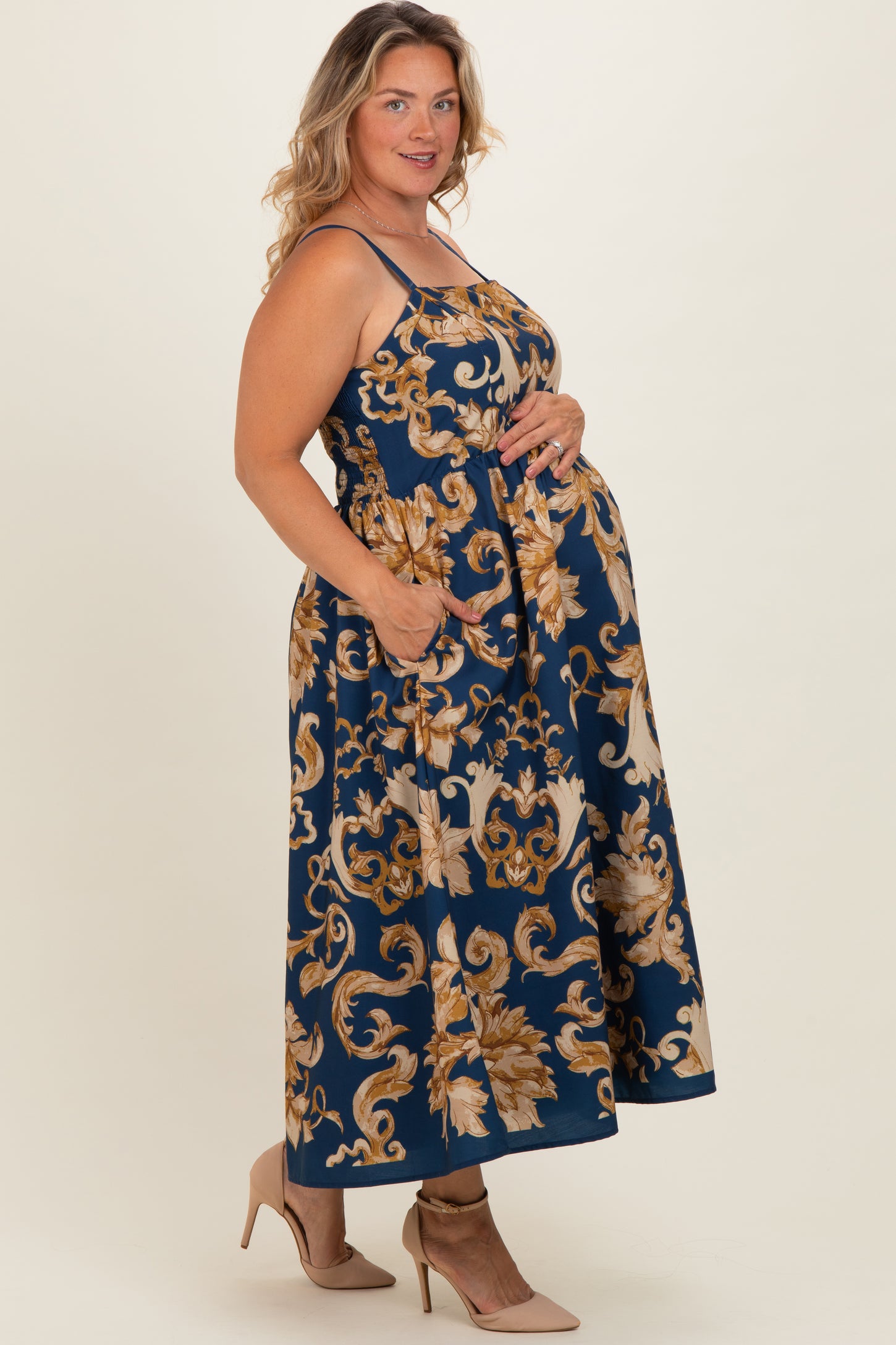 Dark Teal Damask Sleeveless Maternity Plus Maxi Dress