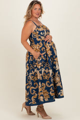 Dark Teal Damask Sleeveless Maternity Plus Maxi Dress