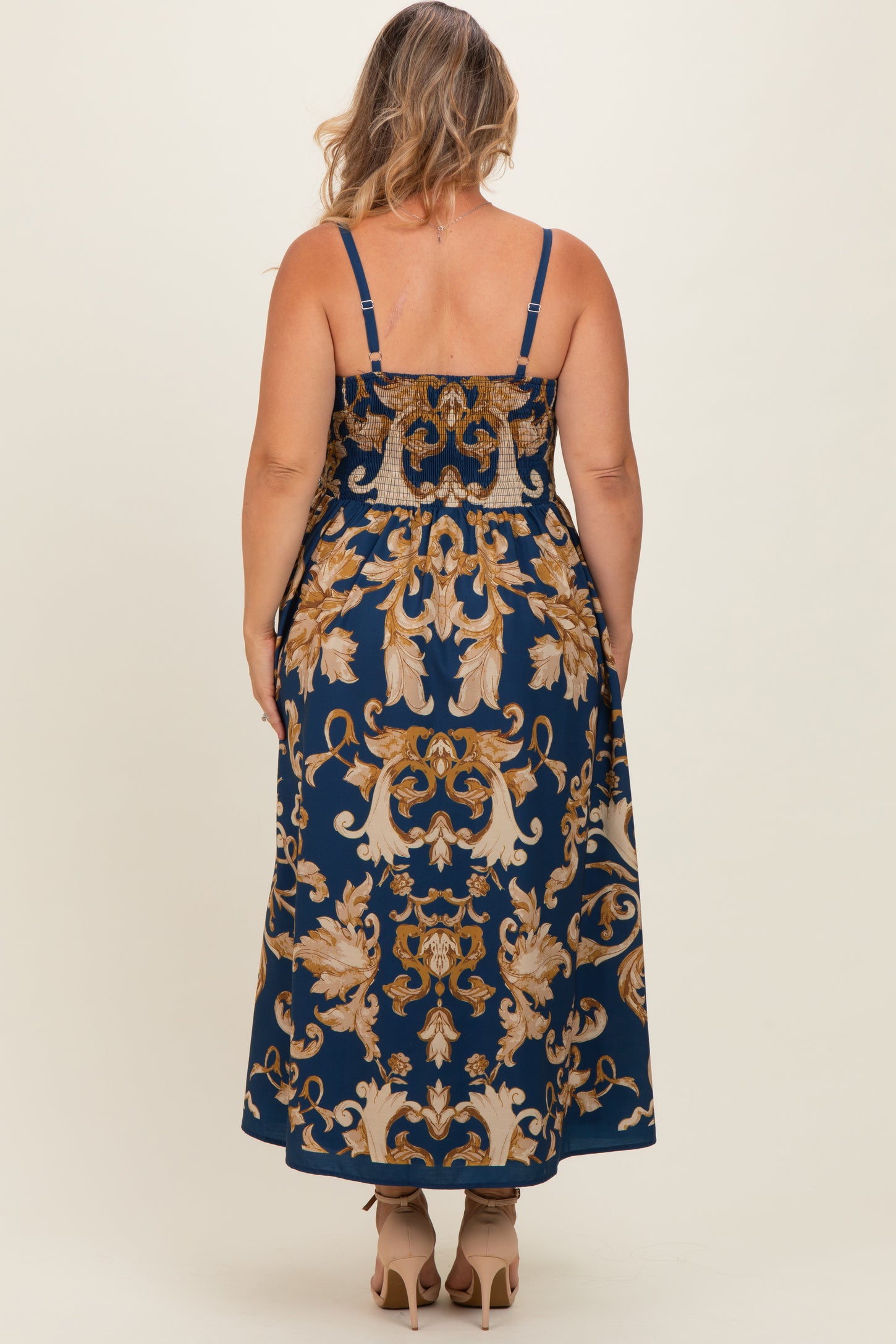 Dark Teal Damask Sleeveless Maternity Plus Maxi Dress