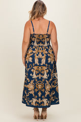 Dark Teal Damask Sleeveless Maternity Plus Maxi Dress