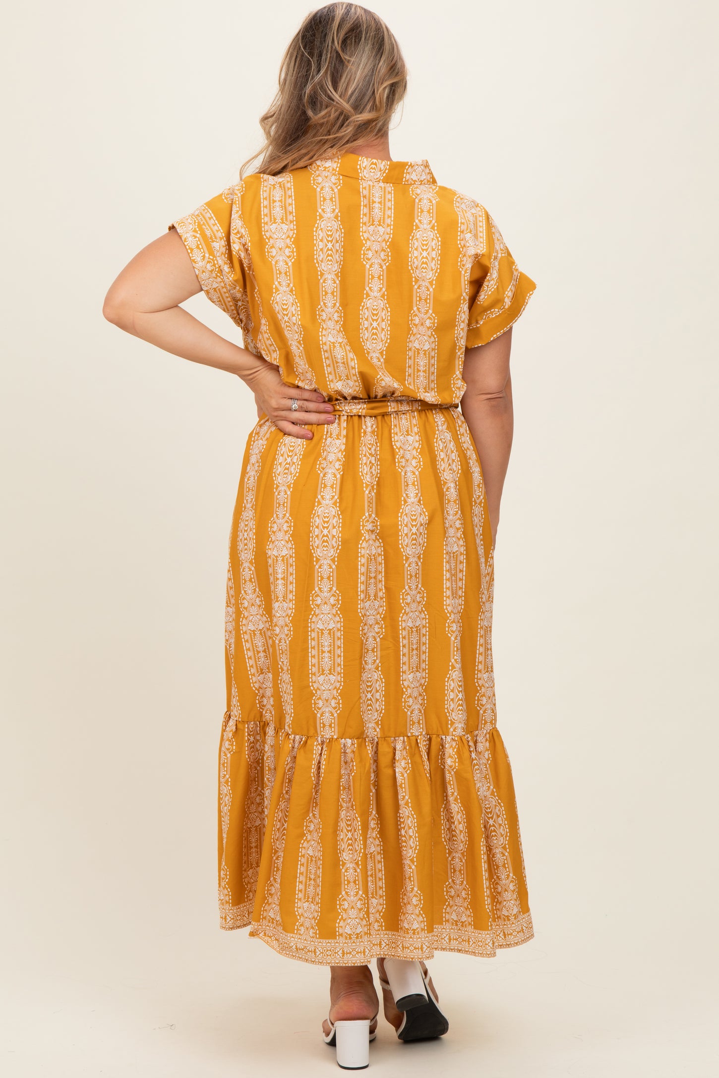 Mustard Damask Print Maternity Plus Midi Shirt Dress