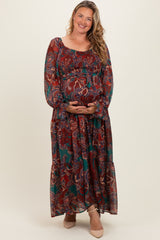 Wine Paisley Smocked Tiered Maternity Plus Maxi Dress