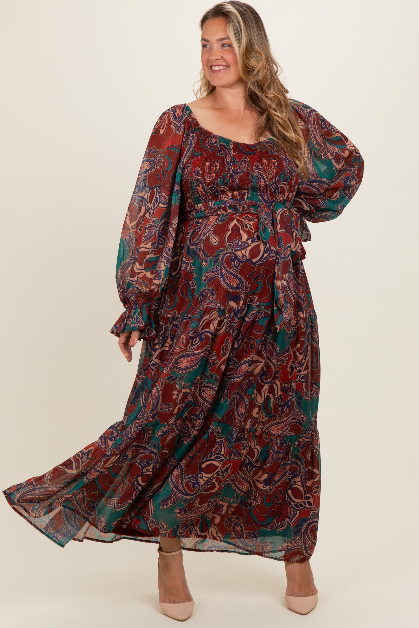 Wine Paisley Smocked Tiered Maternity Plus Maxi Dress