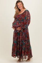 Wine Paisley Smocked Tiered Maternity Plus Maxi Dress