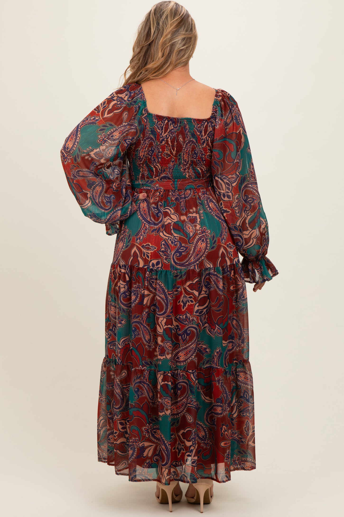 Wine Paisley Smocked Tiered Maternity Plus Maxi Dress