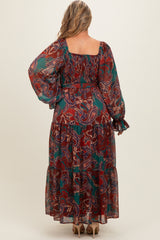 Wine Paisley Smocked Tiered Maternity Plus Maxi Dress