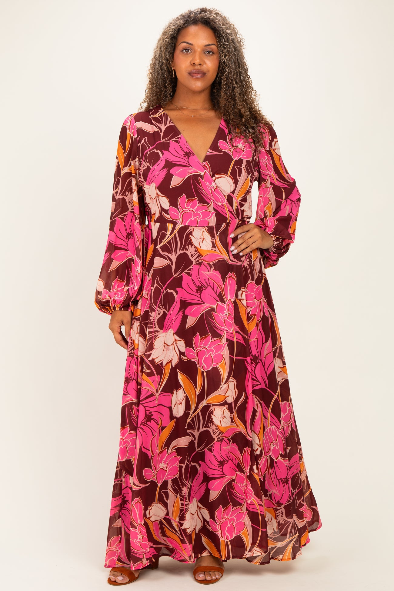 Burgundy Floral Deep V-Neck Maternity Plus Maxi Dress