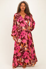 Burgundy Floral Deep V-Neck Maternity Plus Maxi Dress