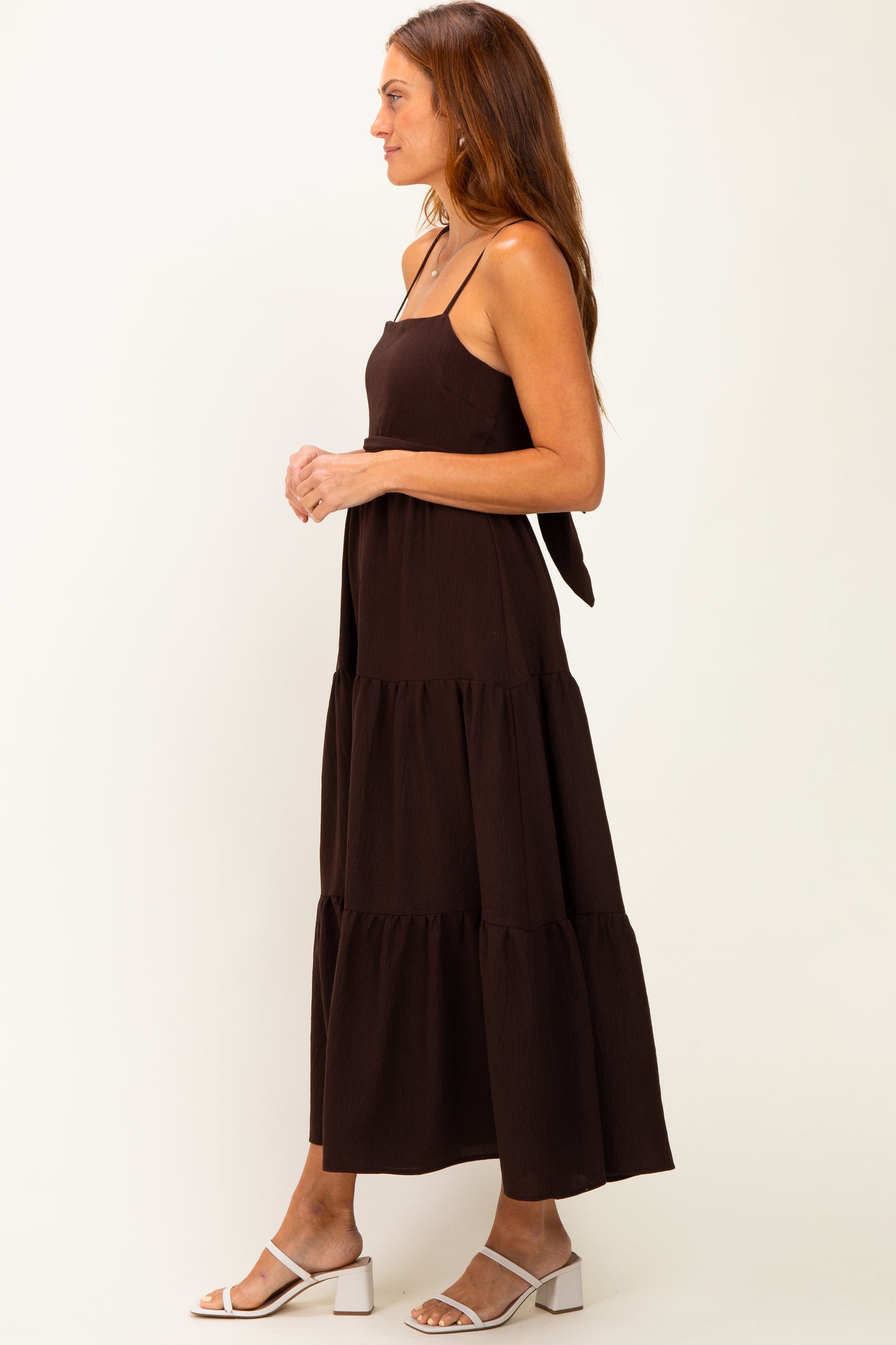 Brown Tiered Cutout Tie Back Midi Dress