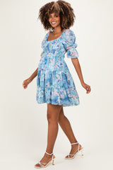 Light Blue Floral Smocked Tiered Maternity Mini Dress