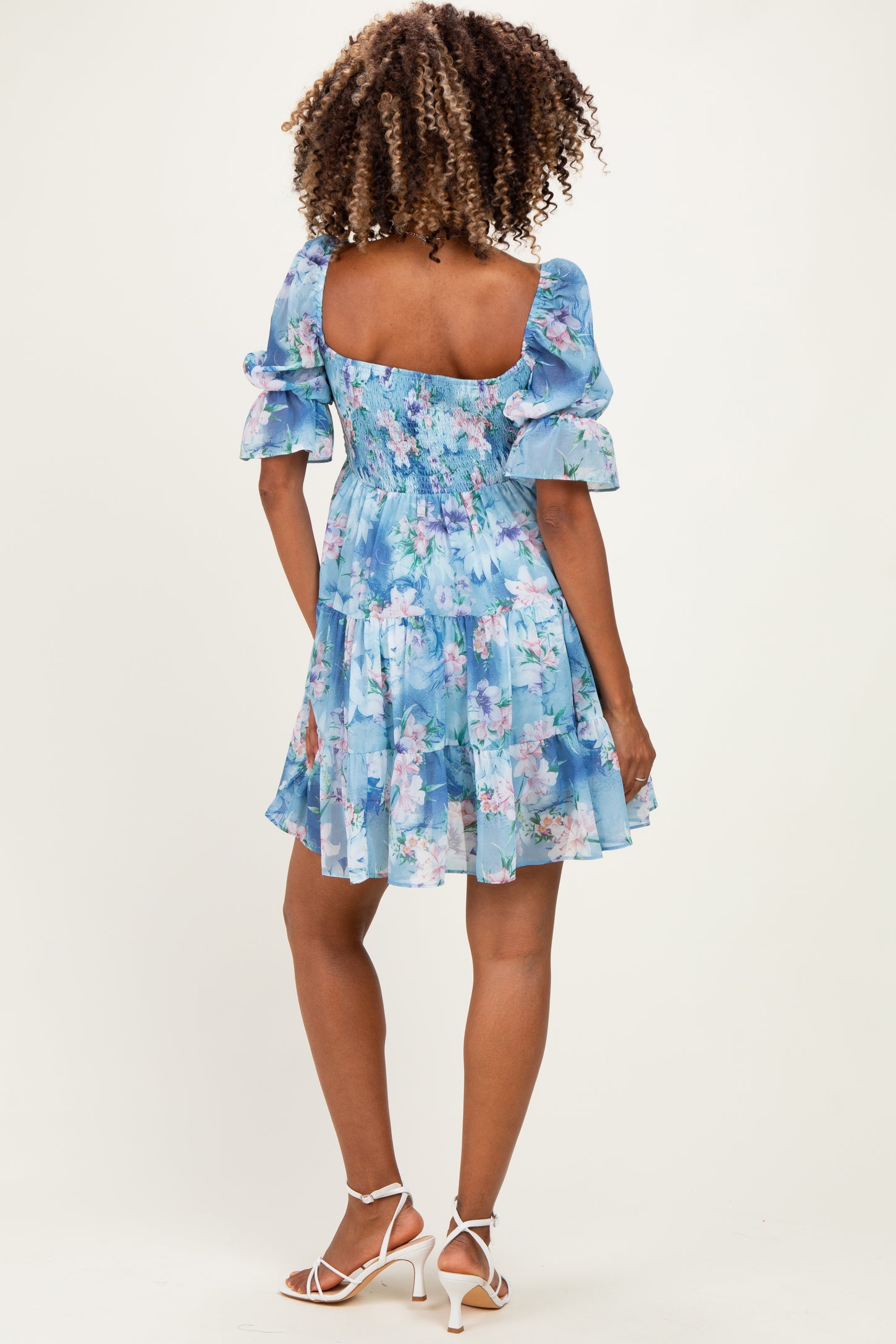 Light Blue Floral Smocked Tiered Maternity Mini Dress
