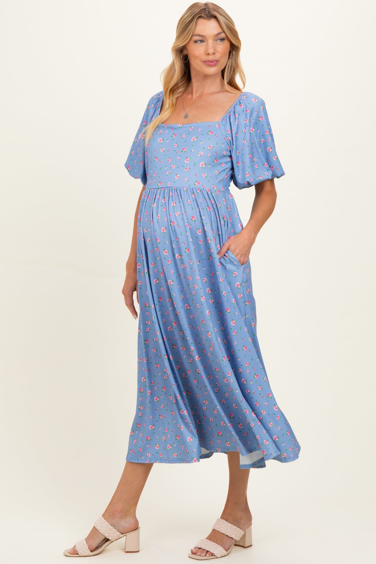 Light Blue Floral Bubble Short Sleeve Babydoll Maternity Dress