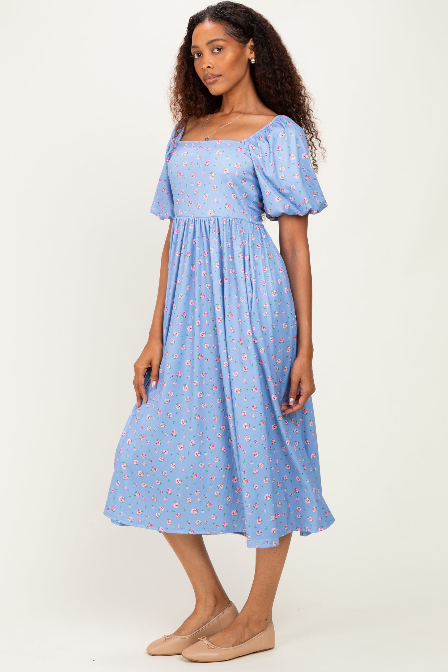 Light Blue Floral Bubble Short Sleeve Babydoll Dress