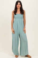 Sage Smocked Wide Leg Adjustable Strap Jumpsuit