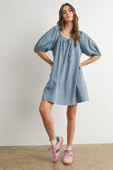 Light Blue Chambray Jacquard Puff Sleeve Mini Dress