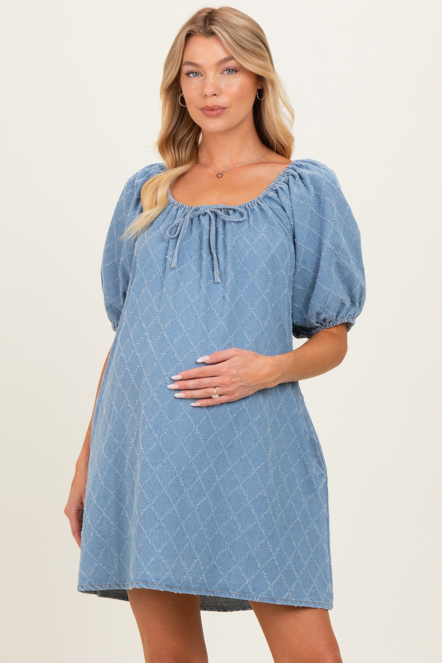 Light Blue Chambray Jacquard Puff Sleeve Maternity Mini Dress