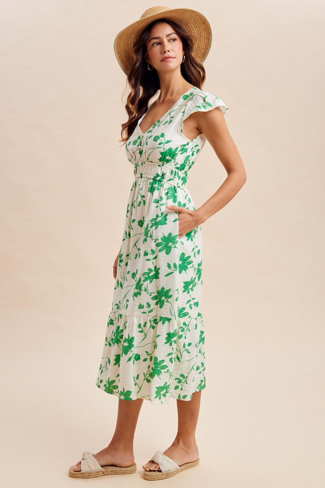Green Floral Button Detail Midi Dress