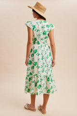 Green Floral Button Detail Midi Dress